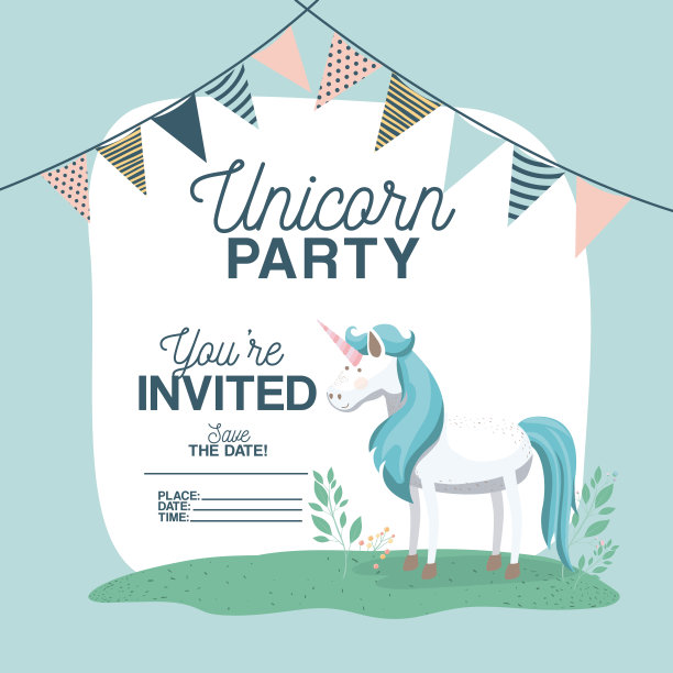 独角兽派对邀请卡与花卉装饰和花环图片下载