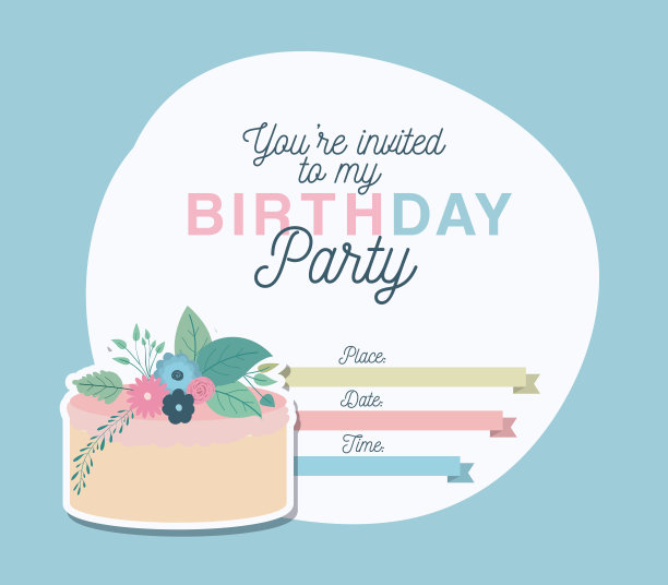 生日派对邀请，有鲜花装饰和蛋糕图片下载