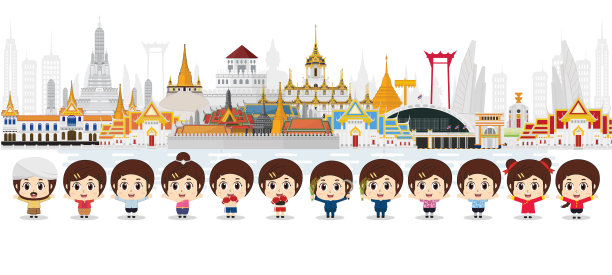 泰国，泰国曼谷有景点、地标和色彩斑斓的宫殿。矢量图图片下载