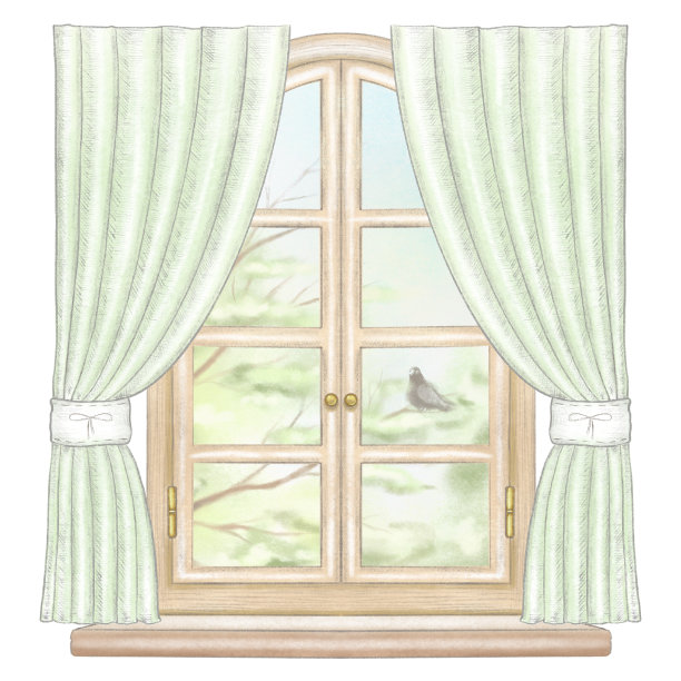 水彩和铅笔画的窗户，绿色的窗帘和春天的风景图片下载