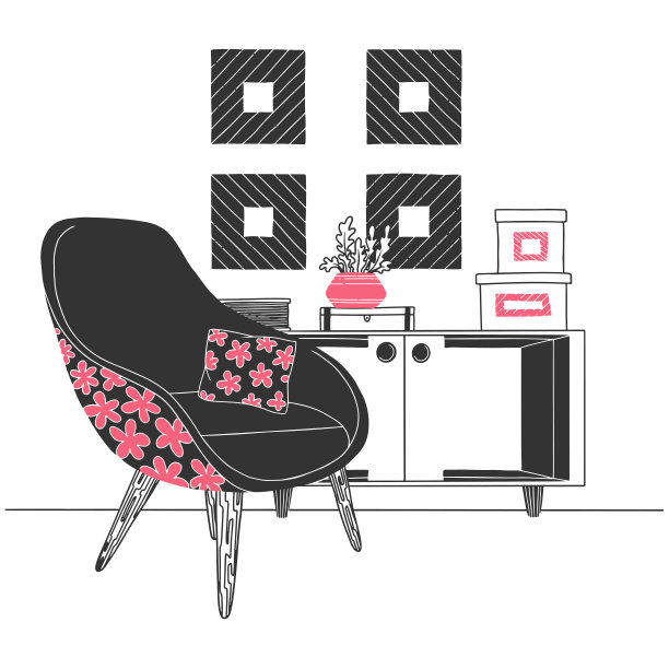 斯堪的纳维亚风格的室内设计。房间的一部分。手绘矢量插图的草图风格。图片下载