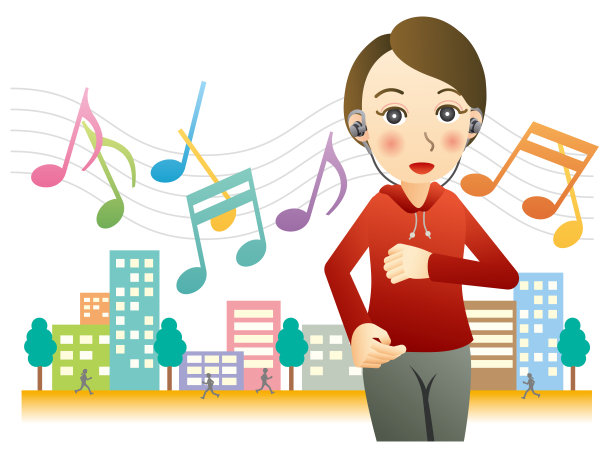 健康女子一边慢跑一边用耳机听音乐在城市街道上图片下载