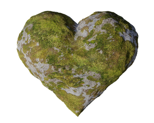 青苔隐灰石心，青苔形浪漫，3d插图孤立在白色背景上图片下载