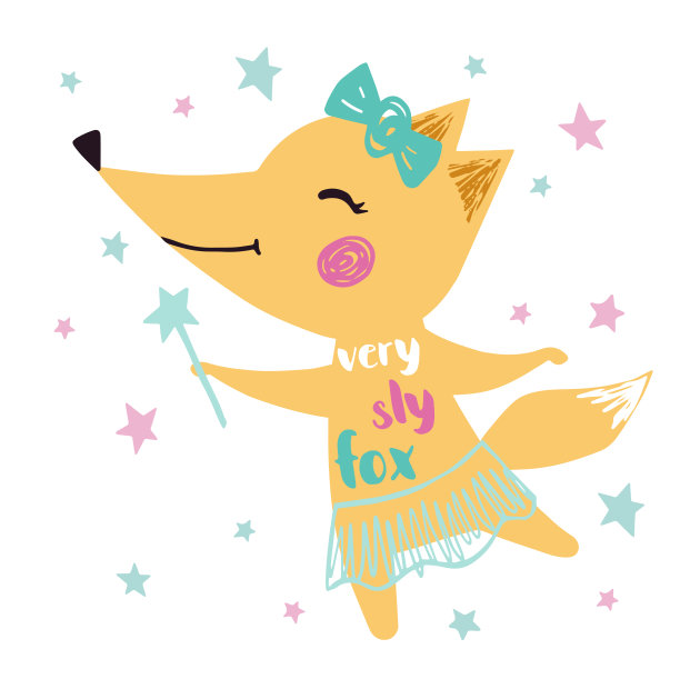 狐狸宝贝女孩可爱的印花。甜蜜的动物与魔术棒，皇冠，芭蕾舞短裙，尖头鞋。非常狡猾的狐狸口号图片下载