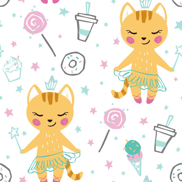 小猫宝贝女孩可爱无缝图案。甜蜜的猫与魔术棒糖果，棒棒糖，咖啡，冰淇淋，芭蕾舞短裙。图片下载