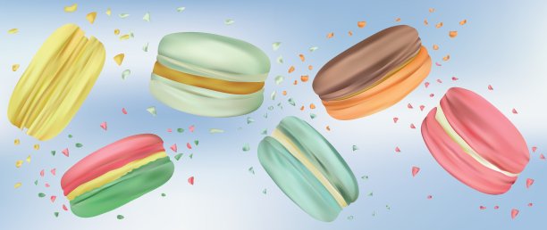 收集在蓝色背景上孤立的彩色杏仁饼干。不同的甜法式杏仁饼干。杏仁饼。甜的甜点。3 d矢量插画家。图片下载