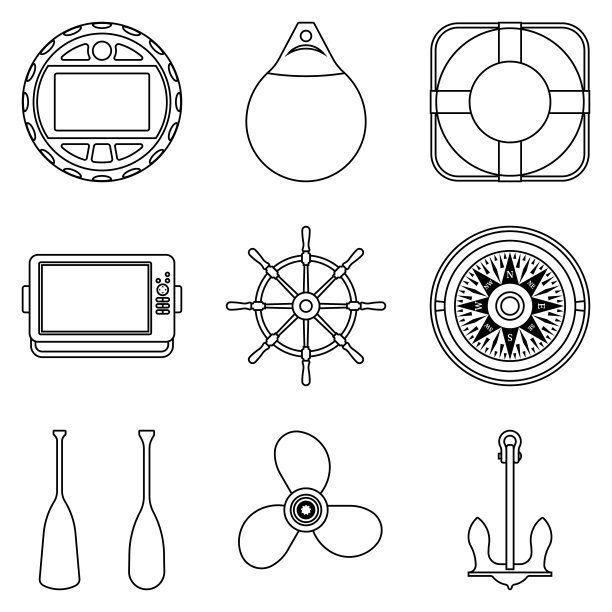 各种类型的船零件。平的图标。向量细线图片下载
