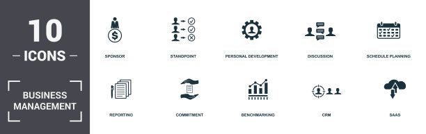 业务管理集图标集合。包括简单的元素，如赞助者，立场，个人发展，讨论，时间表计划，承诺和标杆优质图标图片下载