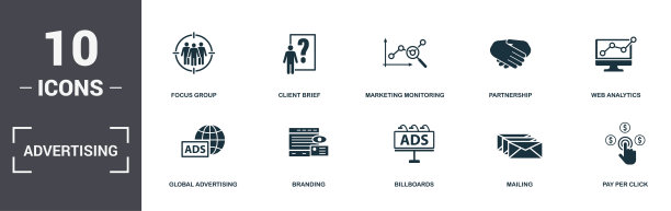 广告集合图标。包括简单的元素，如焦点小组，客户简要，营销监测，合作伙伴关系，Web分析，品牌和广告牌溢价图标图片下载