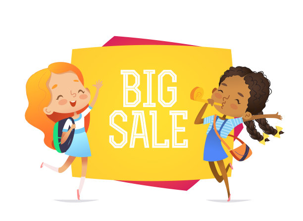 背景横旗与卡通女孩。春光明媚夏日设计。两个孩子在大减价的横幅附近。插图图片下载