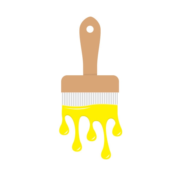 画笔图标与黄色滴。油漆滴下来。平面设计装饰元素。白色背景。孤立的图片下载