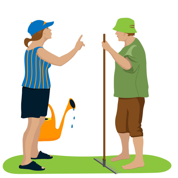 向量，概念与邻居的关系，在农村，园地。两个女人的争执。女士们拿着园艺工具(一个耙子和一个喷壶)在争吵/交谈。图片下载