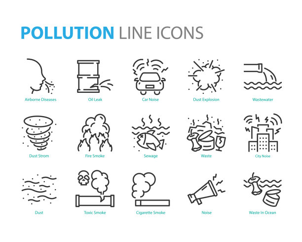 一组污染线图标，如灰尘，噪音，污水，排放图片下载