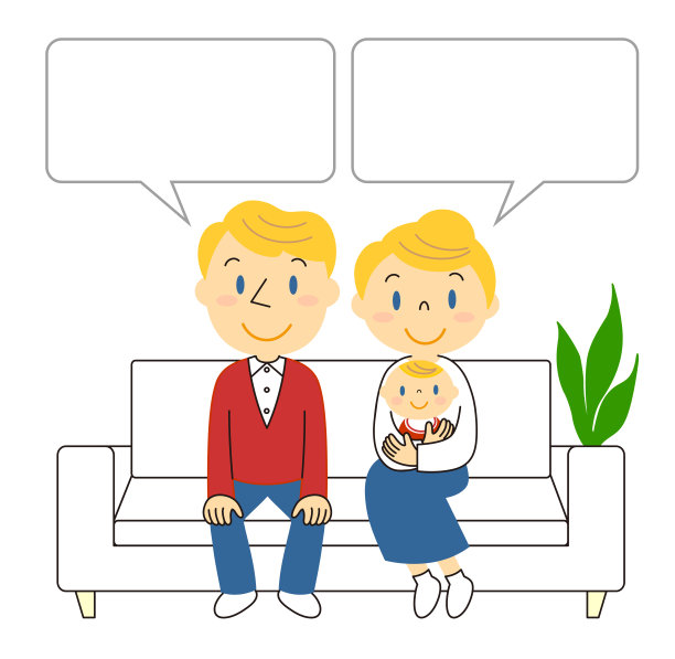 一对夫妇和一个婴儿坐在沙发上的插图图片下载