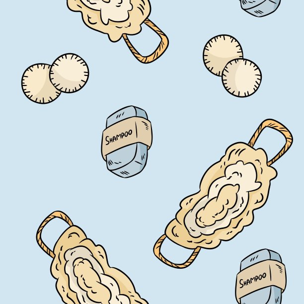 天然材质丝瓜、香皂、洗发水和棉垫无缝图案。生态零废物产品。温室和无塑料生活图片下载