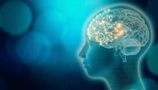 PCB电路板大脑与3D渲染人头侧面。人工智能概念混合媒体插图图片下载