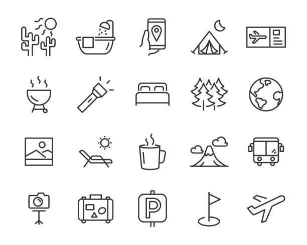 一套旅游线路图标，如度假，露营，飞机，护照，海滩，山，森林图片下载