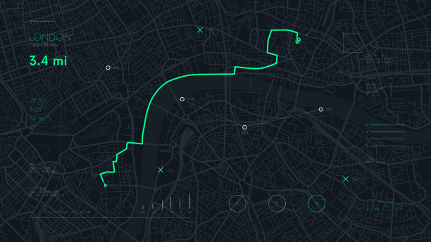 未来旅游GPS地图或位置导航仪，导航地图技术和最终目的地在伦敦城市的街道上图片下载