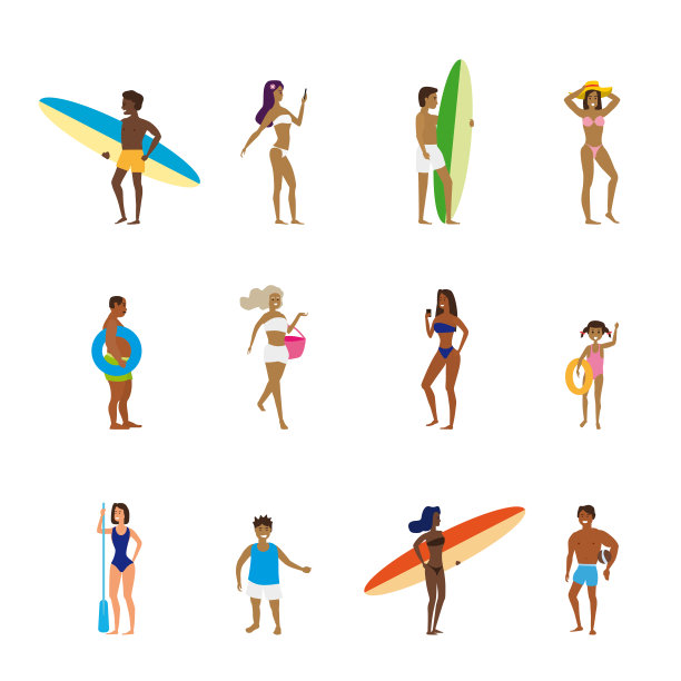 一组人放松表演在海滩的夏季户外活动-日光浴，散步，携带冲浪板，说话，散步。趋势平面卡通人物孤立的白色背景。矢量图图片下载