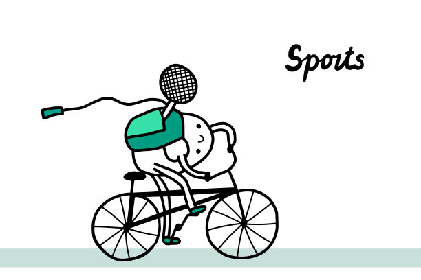 运动手绘矢量插图在卡通风格。积极的男子骑自行车与网球拍图片下载