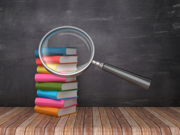 放大镜与书的黑板背景- 3D渲染图片下载