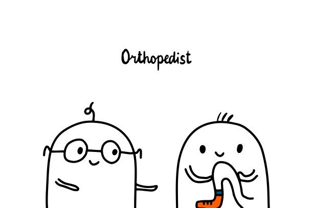 骨科医生手绘矢量插图卡通风格。男医生和病人都有他的腿图片下载