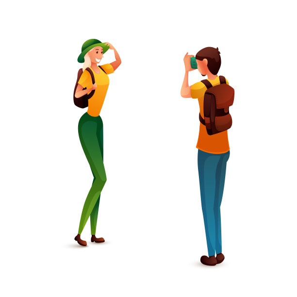 游客拍照的旅游平面矢量插图图片下载
