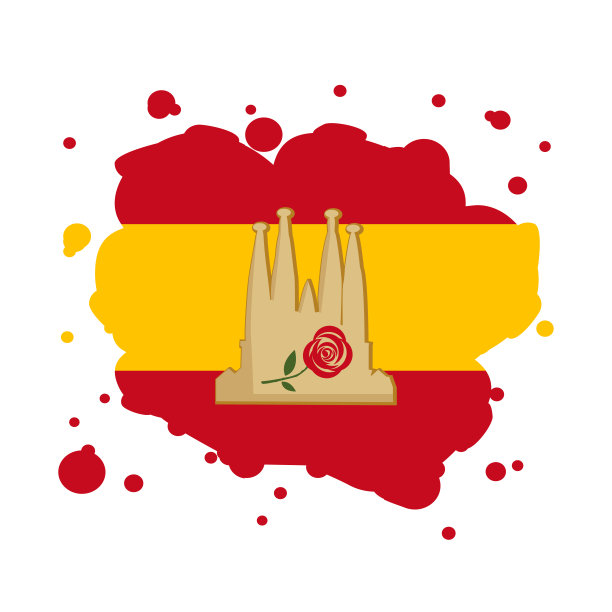 西班牙国旗与大教堂剪影，玫瑰。旅游宣传册、邀请卡、标志和贴纸设计风格模板。矢量图图片下载