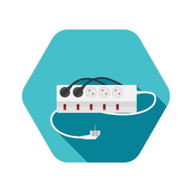 六角形图标的现代五插座电气延长线F型带有五个开关，两个插头连接在绿松石背景上带阴影。图片下载