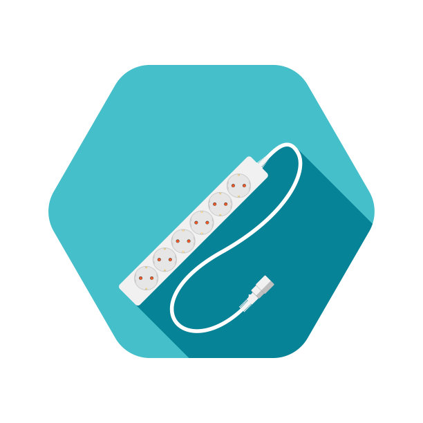 六角形图标的现代六插座电源延长线，在绿松石背景上的阴影。图片下载