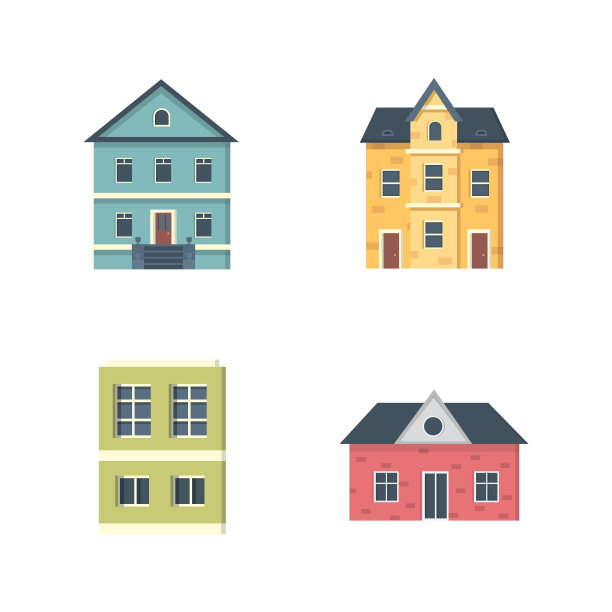 郊区的私人住宅。房子外观。向量城市建筑图标集。图片下载