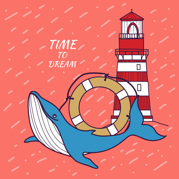 卡片在一个航海主题与鲸鱼，救生圈和灯塔。时间的梦想。涂鸦插图。图片下载