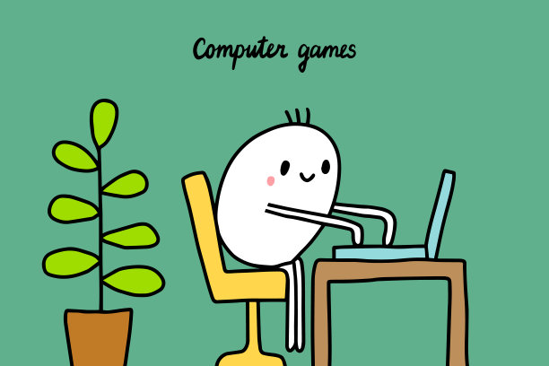 电脑游戏手绘矢量插图在卡通风格。坐在笔记本电脑前的男人图片下载