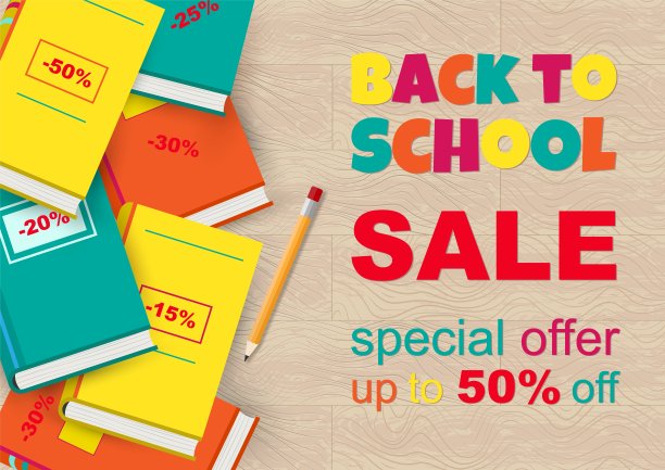 矢量回学校销售水平海报与书籍。图片下载