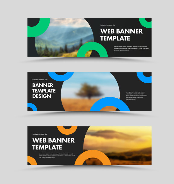 一组向量黑色水平网页横幅与圆形颜色设计元素和地方的照片。图片下载