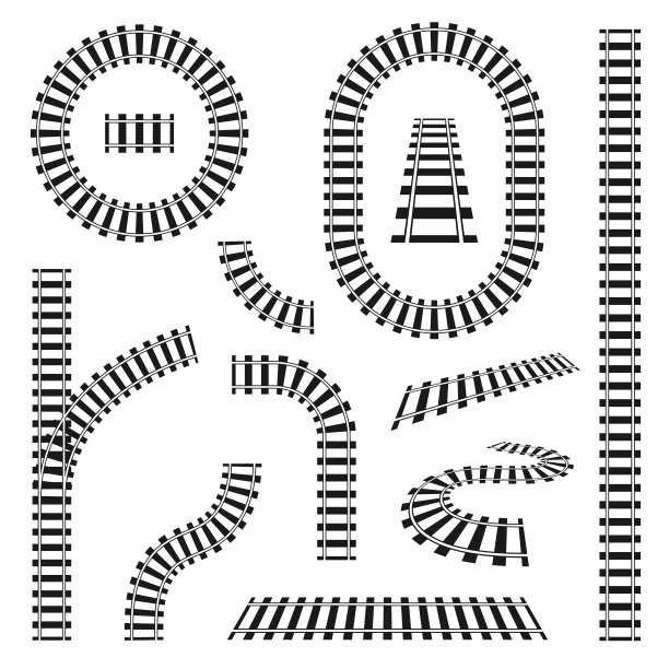 一组不同形状的铁路轨道，直的和弯的，转弯的和圆的。黑色铁轨和枕木孤立在白色背景上图片下载