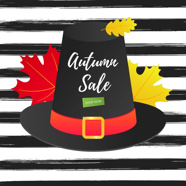 秋季销售矢量横幅或海报梯度平面风格设计矢量插图。巨大的红色丝带与文字秋天出售，彩色的叶子，南瓜，向日葵，馅饼和玉米孤立在有趣的背景。图片下载