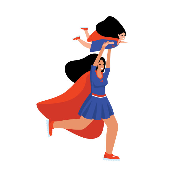 女超级英雄用伸出的双手模仿了一个儿童超级英雄的飞行。图片下载