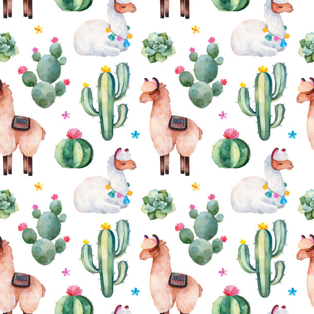 绿色水彩仙人掌、多肉植物、五彩缤纷的花朵和可爱的大羊驼无缝搭配素材图片