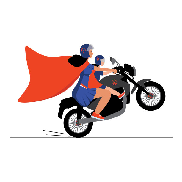 女超人和一个女孩骑着一辆强大的黑色摩托车向前。图片下载