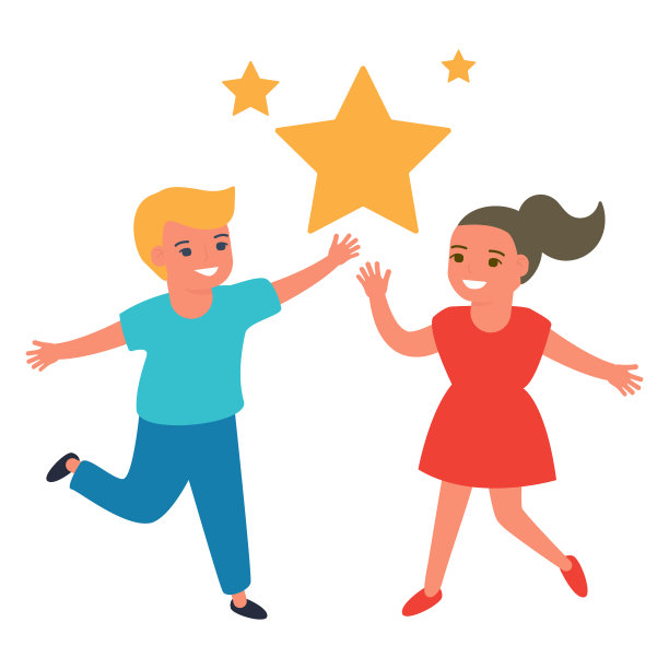 男孩和女孩捧着胜利之星。成功的孩子体会到幸福、快乐和乐趣。白色背景上的矢量图片下载