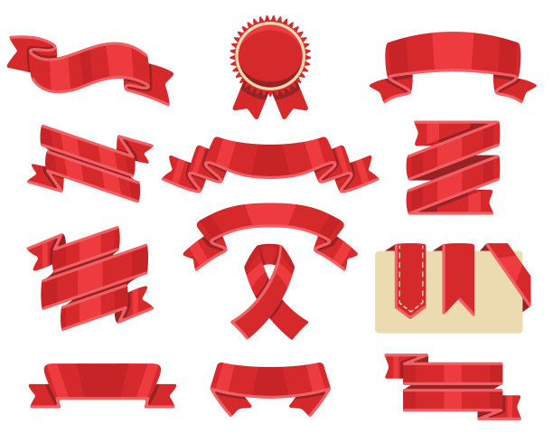 红色丝带，孤立在白色背景上。装饰彩带横幅集合。图片下载