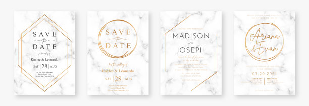 婚礼卡片设计与金色框架和大理石纹理。一套婚礼公告或邀请设计模板与几何图案和豪华背景图片下载