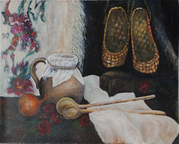 有树皮鞋和木勺的静物图片下载