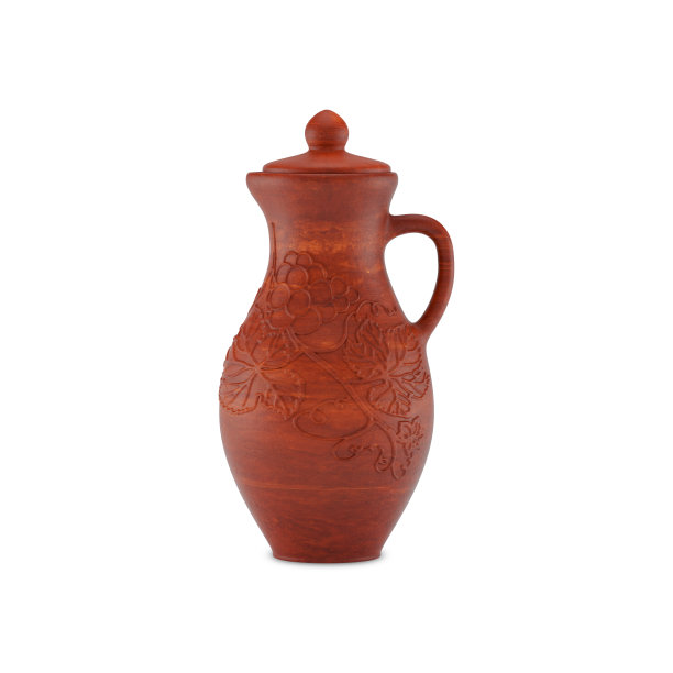 粘土壶的葡萄酒与一个把手和杯子，3D插图。图片下载