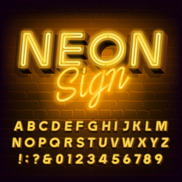 霓虹招牌字母字体。3D灯泡复古字母和数字。图片下载