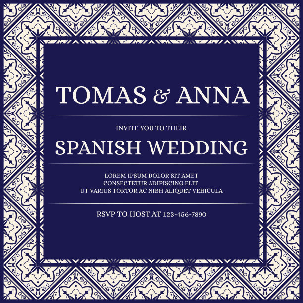 传统婚礼请柬模板矢量。民族瓷砖图案以白色和藏青色为背景。摩洛哥保存日期设计或夏季邀请派对。图片下载