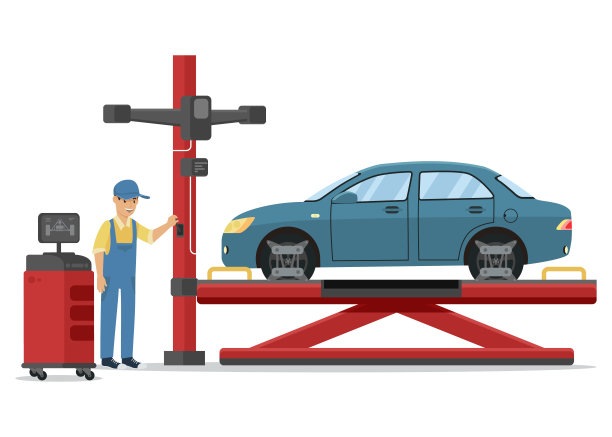 货梯上的汽车服务人员和蓝车。图片下载