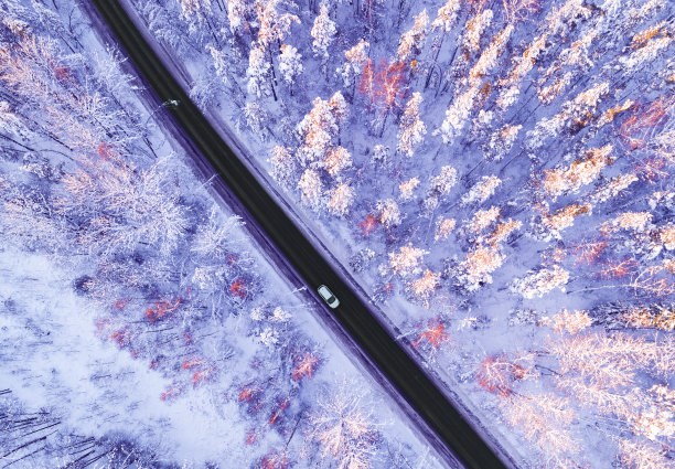 鸟瞰图一辆汽车在冬天的道路在森林。冬天的乡村景观。航拍雪域森林与一辆汽车在道路上。无人机从上面拍下的。航拍照片。车运动图片下载