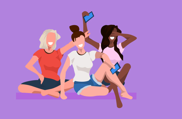 女性用智能手机自拍时会混合种族的女性卡通人物，拍摄女孩们坐在一起，摆出平躺的姿势图片下载